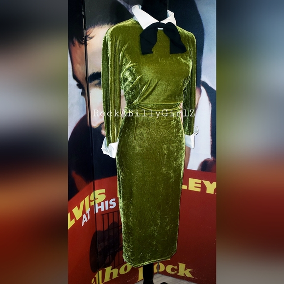 Tatyana Maud Autumn Moss Green Velvet Cuff Sleeve Pinup Pencil Dress w Black Tie - Picture 5 of 16
